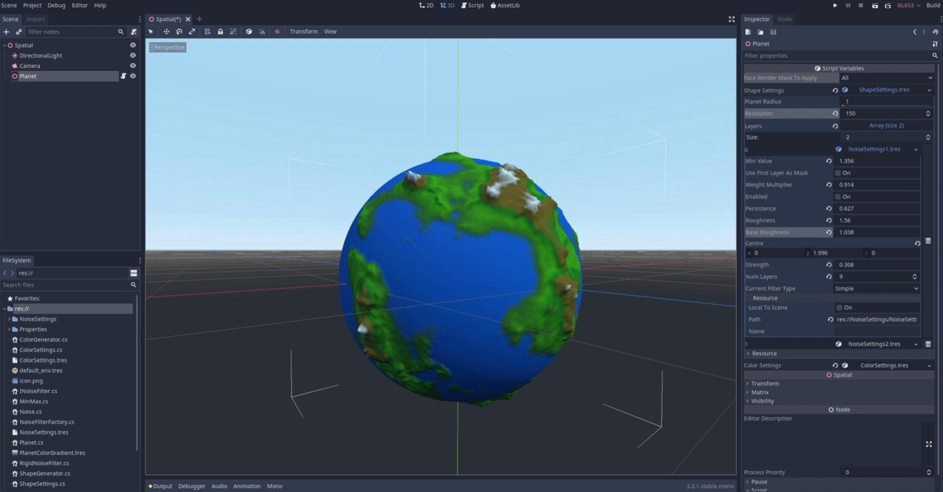 A procedurally generated planet rotating in the Godot editor