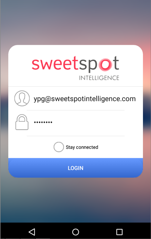 Sweetspot Android app login screen